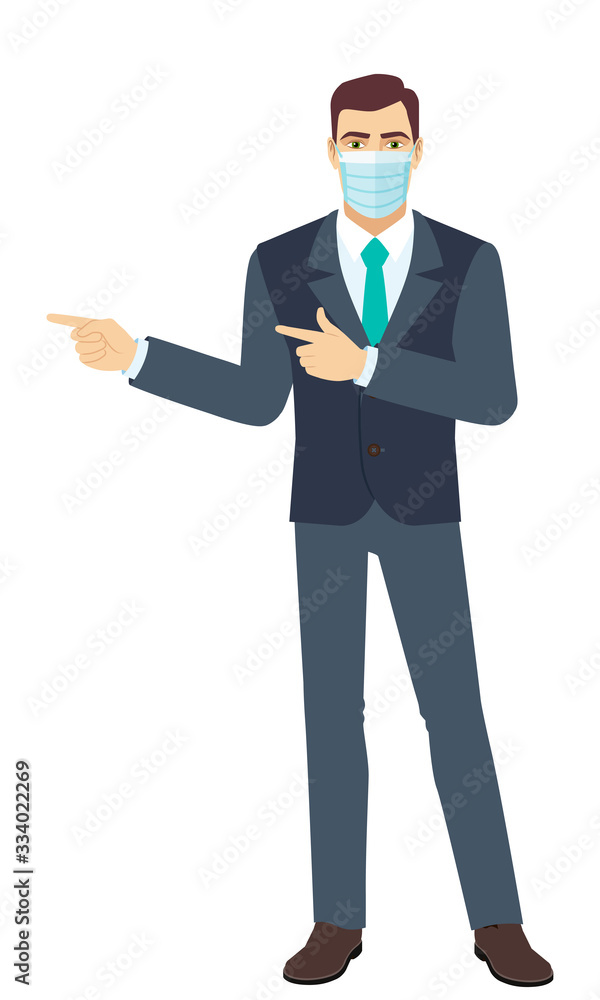 Businessman Businessman with medical mask showing somewhere. Two index fingers pointing. Full length portrait of Businessman in a flat style. Businessman Businessman with medical mask showing somewhere. Two index fingers pointing. Full length portrait of Businessman in a flat style.
