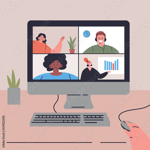 Coronavirus pandemic.Novel virus 2019-nCoV.Video conference landing.People on computer screen taking with colleague.Remote work during quarantine.Vector colorful illustration.Flat cartoon character