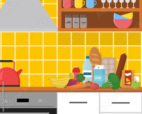 Different food and beverage products - market basket on kitchen. Market basket, commodity bundle, grocery shopping: milk, juice, water, fruits, vegetables, ham, cheese, bread. Flat vector illustration