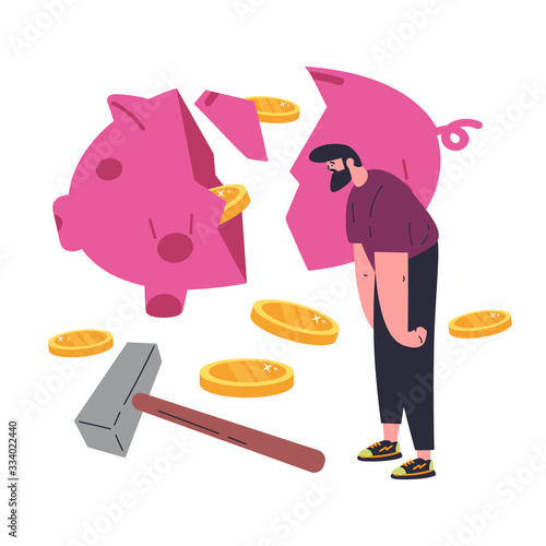 Concept of coronavirus economic crisis during quarantine.Novel virus 2019-nCoV.A man smashed a savings piggy bank with a hammer because of the crisis.Piggy bank with coins.Flat vector illustration.