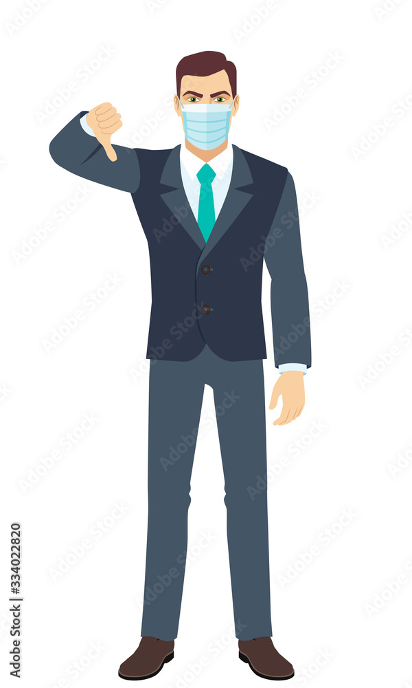 Angry Businessman with medical mask showing thumb down gesture as rejection symbol. Full length portrait of Businessman in a flat style. Angry Businessman with medical mask showing thumb down gesture as rejection symbol. Full length portrait of Businessman in a flat style.
