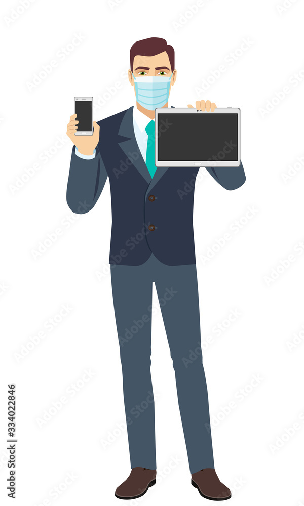 Businessman with medical mask holding mobile phone and digital tablet PC. Full length portrait of Businessman in a flat style. Businessman with medical mask holding mobile phone and digital tablet PC. Full length portrait of Businessman in a flat style.