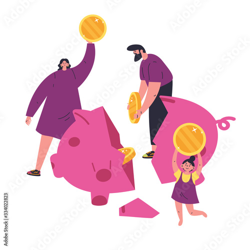 Concept of coronavirus economic crisis during quarantine.Novel virus 2019-nCoV.Family smashed a savings piggy bank because of the crisis.Piggy bank with coins.Difficult economic situation.Flat vector 