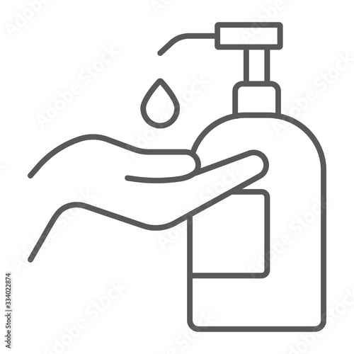 Disinfection soap with hand thin line icon, wash and hygiene, hand soap sign, vector graphics, a linear pattern on a white background, eps 10.