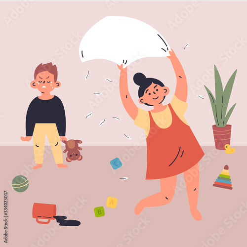Coronavirus pandemic.Novel virus 2019-nCoV.Children quarantined.Kids are bored at home and tease each other.Brother with sister quarantined.Vector colorful illustration.Flat cartoon characters