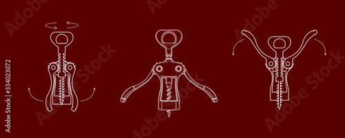 corkscrew - a scheme for opening a bottle. spinning corkscrew - illustration in a flat style. corkscrew in different positions - how to open a bottle with a screw corkscrew. restaurant, sommelier