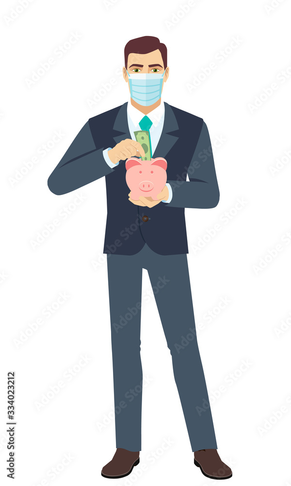 Businessman with medical mask puts banknote in a piggy bank. Full length portrait of Businessman in a flat style. Businessman with medical mask puts banknote in a piggy bank. Full length portrait of Businessman in a flat style.