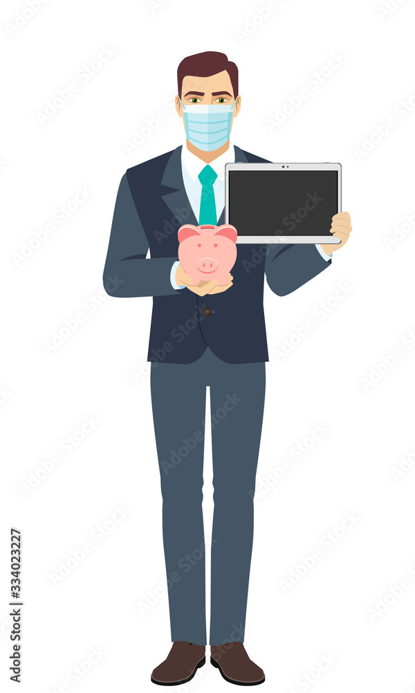 Businessman with medical mask holding a piggy bank and digital tablet. Full length portrait of Businessman in a flat style. Businessman with medical mask holding a piggy bank and digital tablet. Full length portrait of Businessman in a flat style.