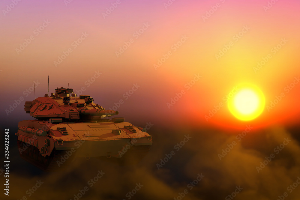 orange miltary tank with fictive design on sunset, high resolution military concept - military 3D Illustration