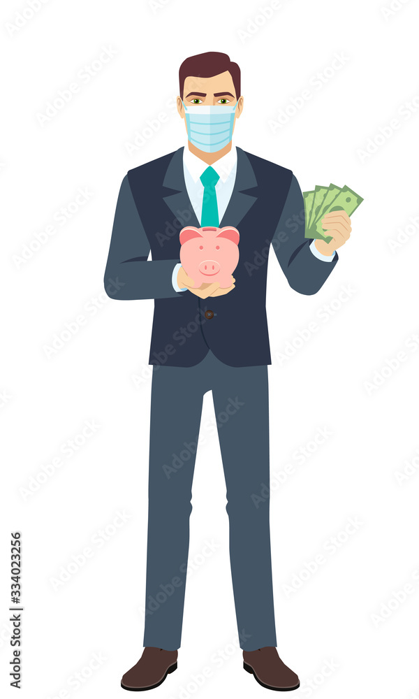 Businessman with medical mask holding a piggy bank and showing a money. Full length portrait of Businessman in a flat style. Businessman with medical mask holding a piggy bank and showing a money. Full length portrait of Businessman in a flat style.