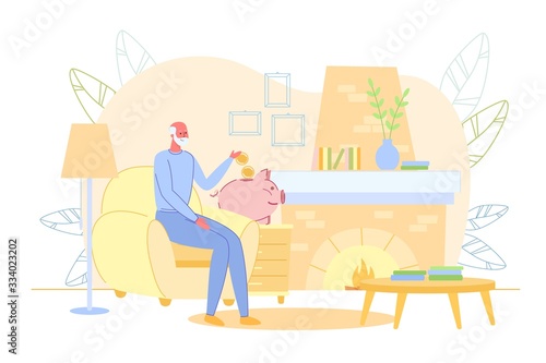 Old Man Saving Pension Money in Piggy-Bank at Home