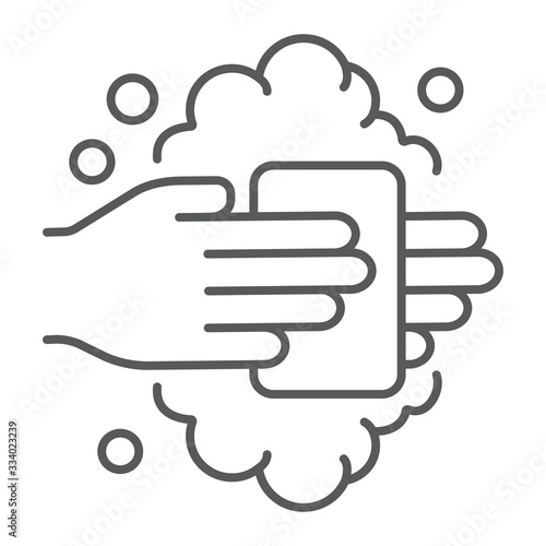 Washing hands with soap thin line icon, wash and hygiene, wash your hands sign, vector graphics, a linear pattern on a white background, eps 10