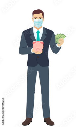 Businessman with medical mask holding a piggy bank and showing a money. Full length portrait of Businessman in a flat style.