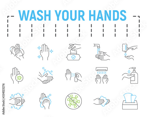 Wash your hands line icon set, health symbols collection, vector sketches, logo illustrations, hygiene icons, stop coronavirus signs linear pictograms package isolated on white background.