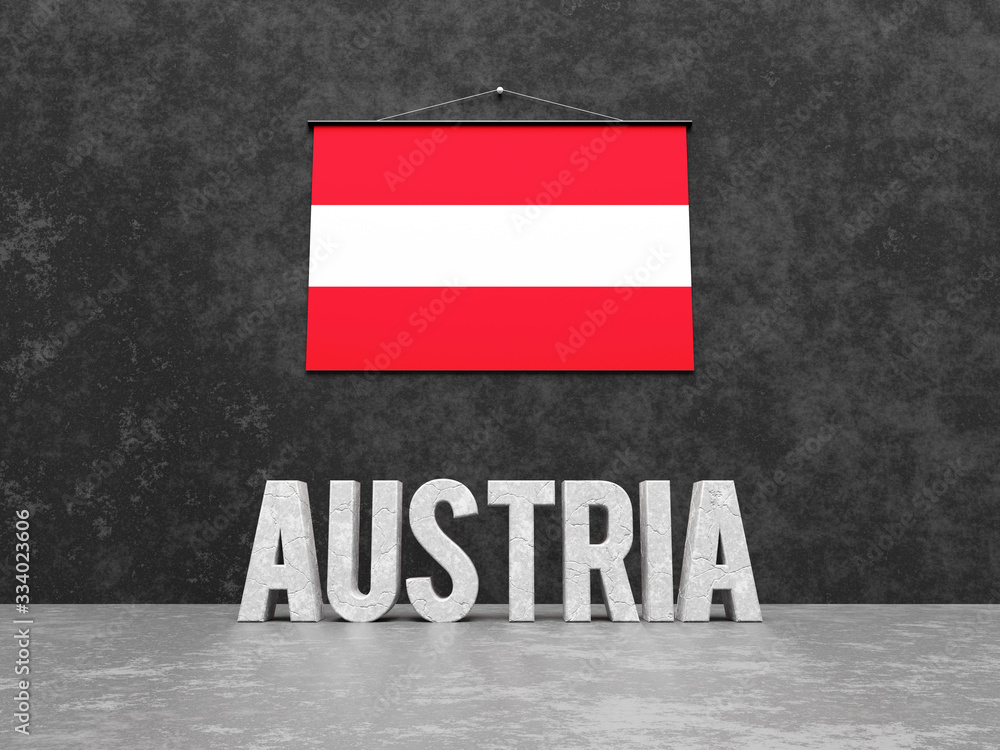 Obraz premium Austria text word and Austrian flag on wall in European Union countries series 3D render