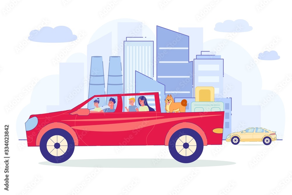 Parents with Children Travel by Car, Illustration.