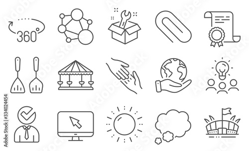 Set of Business icons, such as Carousels, Paper clip. Diploma, ideas, save planet. Cooking cutlery, Integrity, Vacancy. Helping hand, Sun energy, Spanner. Internet, Talk bubble, Arena. Vector
