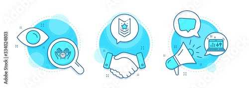 Chat message, Safe time and Sound check line icons set. Handshake deal, research and promotion complex icons. Shoulder strap sign. Speech bubble, Management, Dj controller. Star rank. Vector