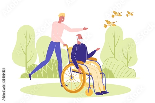 Young Man Assists Elderly Handicapped Person.