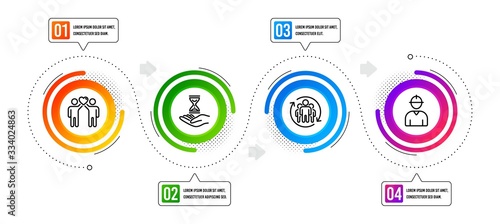 Friends couple, Engineer and Teamwork line icons set. Infographic timeline. Time hourglass sign. Friendship, Worker profile, Employees change. Sand watch. People set. Vector
