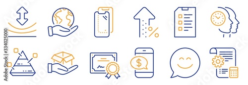Set of Technology icons, such as Pyramid chart, Phone payment. Certificate, save planet. Smartphone glass, Settings blueprint, Smile chat. Increasing percent, Hold box, Time management. Vector