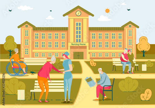 Nursing Home Building Exterior with Old Patient.