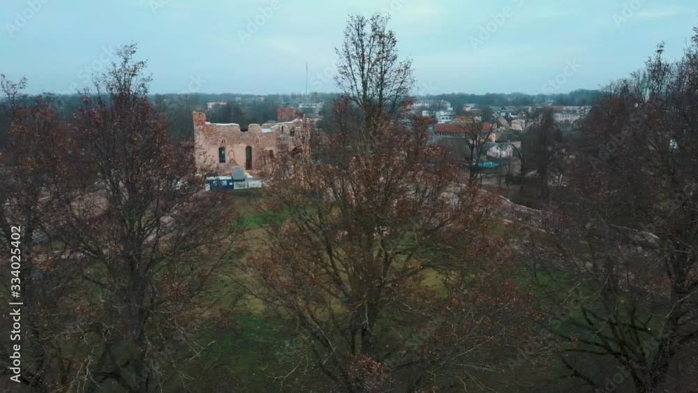 Aerial Drone View Dobele Medieval Castle  the Town of Dobele on the West Bank of the River Berze, in the Historical Region of Zemgale, in Latvia. Ruins of an Ancient Medieval Castle Dobele Latvia.