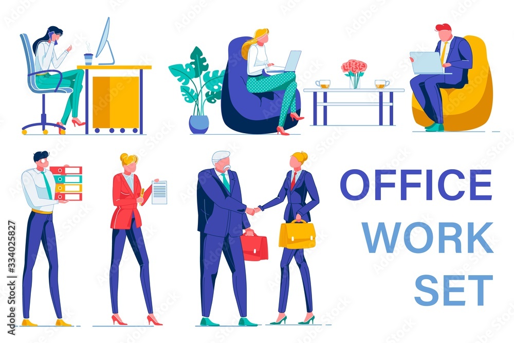 Office Work Set with Business People Busy at Desk
