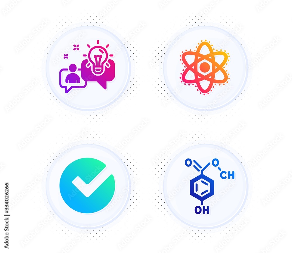 Chemistry atom, Idea and Verify icons simple set. Button with halftone dots. Chemical formula sign. Laboratory molecule, Solution, Selected choice. Chemistry. Education set. Vector Chemistry atom, Idea and Verify icons simple set. Button with halftone dots. Chemical formula sign. Laboratory molecule, Solution, Selected choice. Chemistry. Education set. Vector