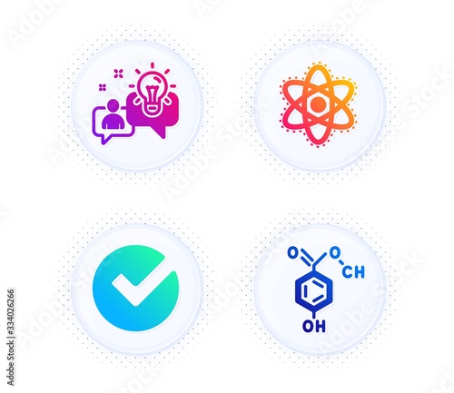 Chemistry atom, Idea and Verify icons simple set. Button with halftone dots. Chemical formula sign. Laboratory molecule, Solution, Selected choice. Chemistry. Education set. Vector