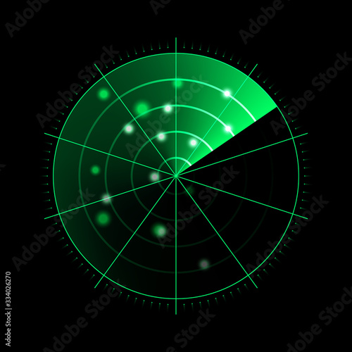 Green radar isolated on dark background. Military search system. HUD radar display. Vector illustration