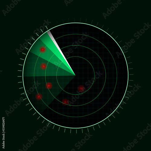 Green radar isolated on dark background. Military search system. HUD radar display. Vector illustration