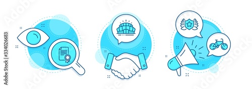 Certificate, Bicycle and Laureate line icons set. Handshake deal, research and promotion complex icons. Arena stadium sign. Diploma, Bike, Award shield. Sport complex. Sports set. Vector