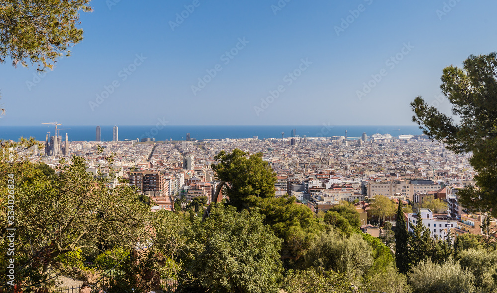 Aerial Panorama view of Barcelona city skyline. Spain.
