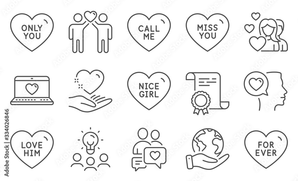 Set of Love icons, such as Miss you, Love him. Diploma, ideas, save planet. Web love, For ever, Only you. Nice girl, Call me, Friends couple. Romantic talk, Hold heart, Couple. Vector