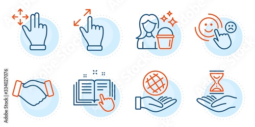 Safe planet, Move gesture and Time hourglass signs. Customer satisfaction, Technical documentation and Handshake line icons set. Cleaning, Touchscreen gesture symbols. Happy smile, Manual. Vector