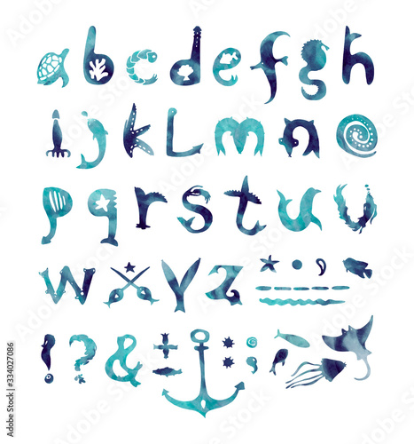 Alphabet. Made with the usage of watercolor abstract stain. Letters have wildlife sea animals shape.