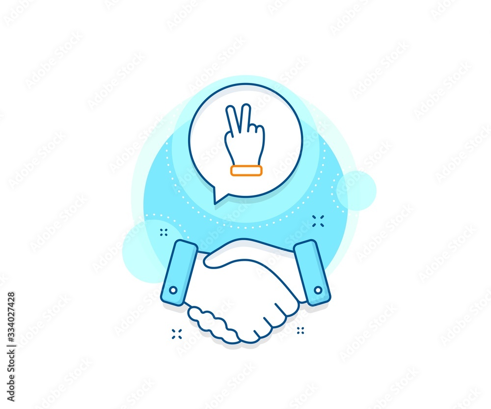 Obraz premium Two fingers palm sign. Handshake deal complex icon. Victory hand line icon. Gesture symbol. Agreement shaking hands banner. Victory hand sign. Vector