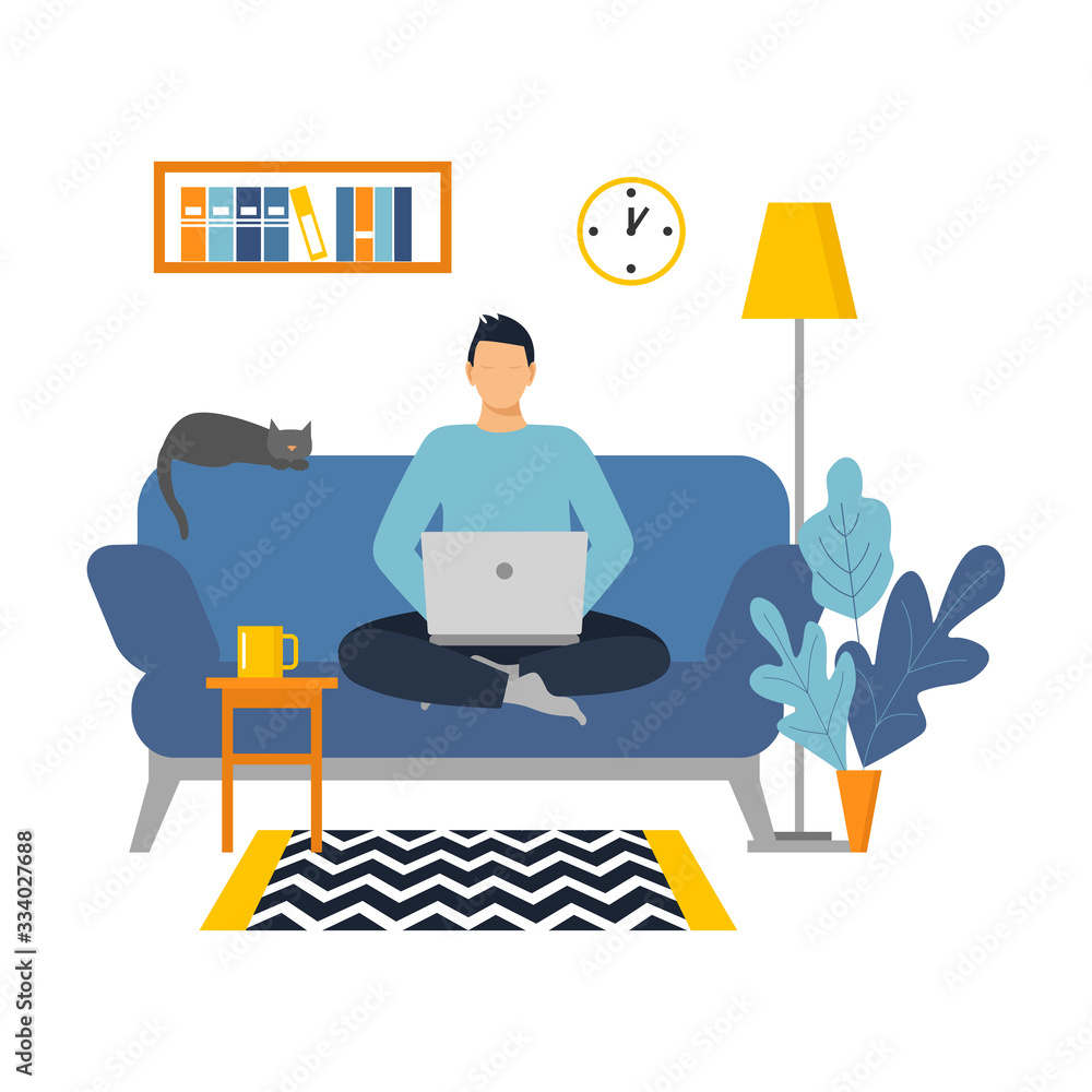 Man with laptop sitting on the sofa. Freelance or studying concept. Male works at a computer in a home interior. vector Man with laptop sitting on the sofa. Freelance or studying concept. Male works at a computer in a home interior. vector