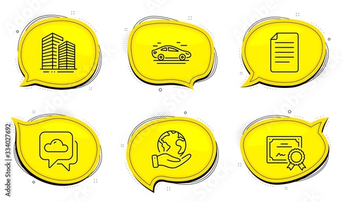 File sign. Diploma certificate, save planet chat bubbles. Car, Skyscraper buildings and Weather forecast line icons set. Transport, Town architecture, Cloudy. Paper page. Business set. Vector