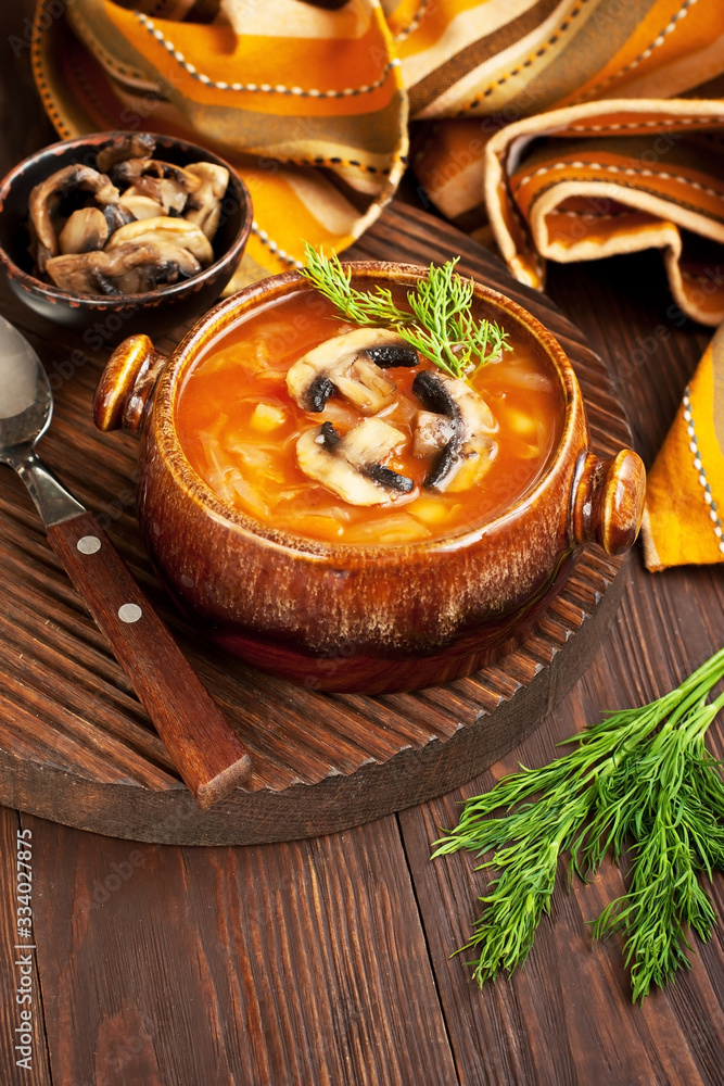 Vegetables soup with cabbage and mushrooms in bowl Vegetables soup with cabbage and mushrooms in bowl