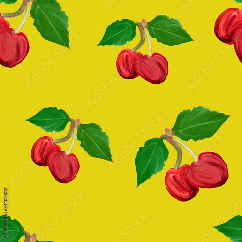 Fototapeta Naklejka Na Ścianę i Meble -  Cute cherry seamless pattern. Good for textile, wrapping, wallpapers, Sweet red ripe cherries isolated on yellow  background. Gouache hand drawing  illustration