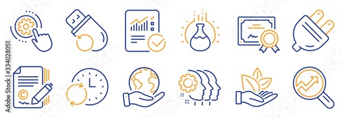 Set of Science icons, such as Organic product, Analytics. Certificate, save planet. Update time, Flash memory, Checked calculation. Chemistry experiment, Electric plug, Copywriting. Vector