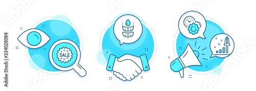 Time management, Gluten free and Development plan line icons set. Handshake deal, research and promotion complex icons. Sale sign. Settings, Bio ingredients, Strategy. Shopping star. Vector