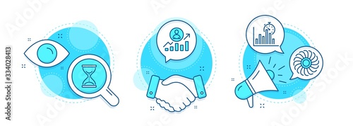 Time hourglass, Fan engine and Report timer line icons set. Handshake deal, research and promotion complex icons. Career ladder sign. Sand watch, Ventilator, Growth chart. Manager results. Vector