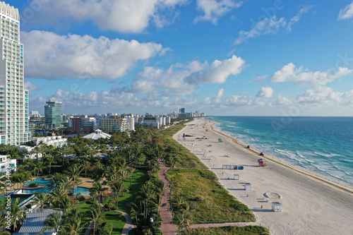 Aerial view of South Beach in Miami Beach  Florida devoid of people under coronavirus pandemic beach and park closure.