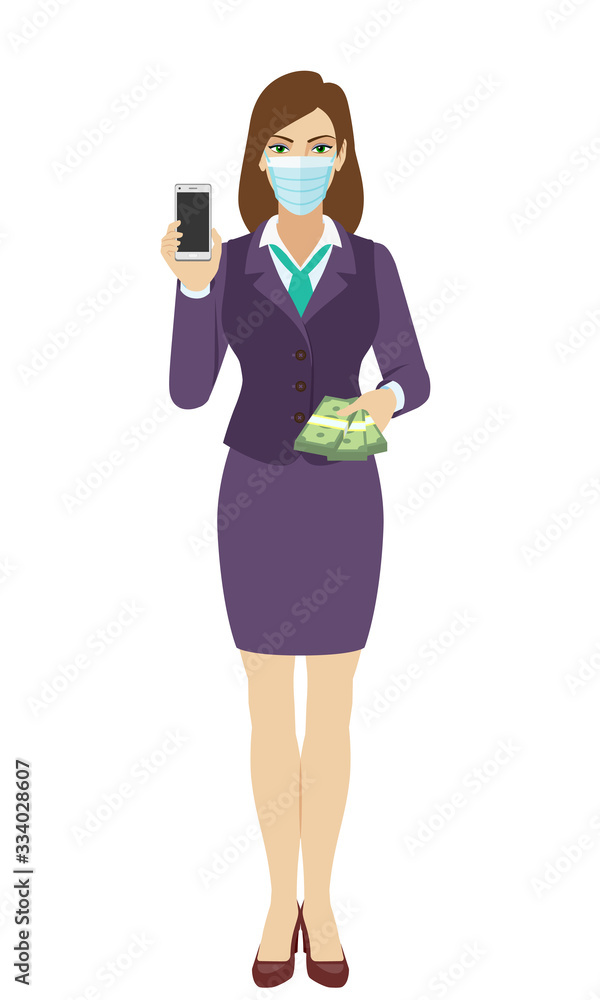Businesswoman with medical mask holding a mobile phone and money. Full length portrait of businesswoman in a flat style.