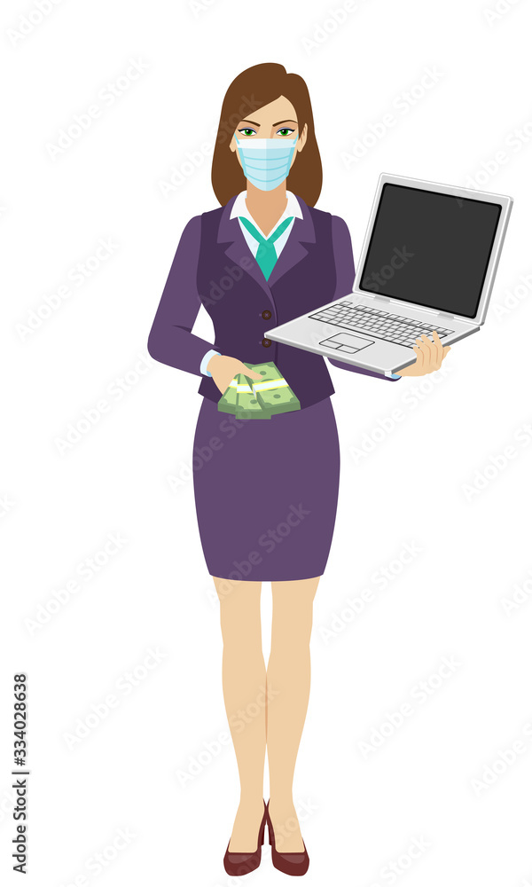 Businesswoman with medical mask holding a laptop notebook and shows money. Full length portrait of businesswoman in a flat style. Businesswoman with medical mask holding a laptop notebook and shows money. Full length portrait of businesswoman in a flat style.