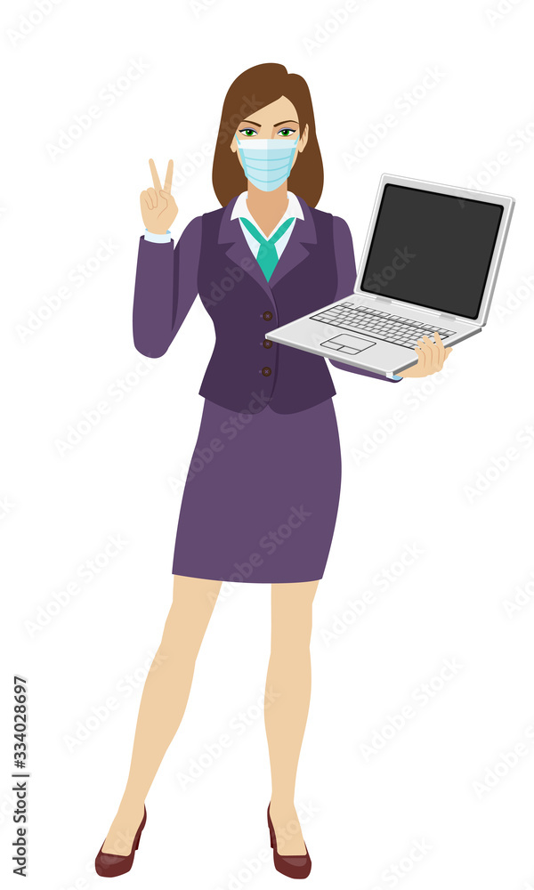Businesswoman with medical mask holding a laptop notebook and showing victory sign. Two finger up. Full length portrait of businesswoman in a flat style. Businesswoman with medical mask holding a laptop notebook and showing victory sign. Two finger up. Full length portrait of businesswoman in a flat style.