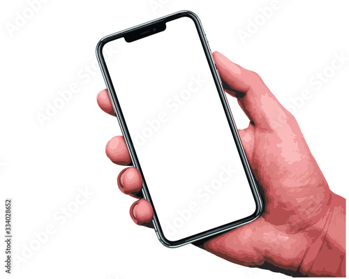 Hand holding the black smartphone iphone with blank screen and modern frameless design in two rotated perspective positions - isolated on white background - Clipping Path	